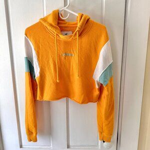 Hollister Cropped Color Block Hoodie - Mustard/White/Blue - Size M